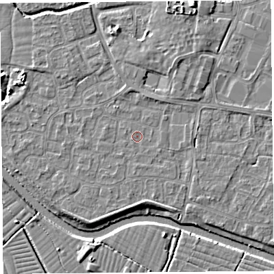 Shaded relief map of the ground around BS217YL, computed from Environment Agency LiDAR. The ground here sits at about 6 m above sea level and falls 5 m across the surrounding 800 m. The ground contributing surface water to this point lies to the west-south-west.