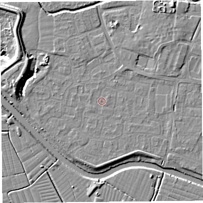 Shaded relief map of the ground around BS217YN, computed from Environment Agency LiDAR. The ground here sits at about 6 m above sea level and falls 10 m across the surrounding 800 m. Surface water reaching this point runs off ground lying to the south, 1.4 m higher.