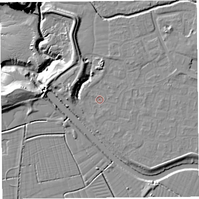 Shaded relief map of the ground around BS217YP, computed from Environment Agency LiDAR. The ground here sits at about 6 m above sea level and falls 28 m across the surrounding 800 m. Surface water reaching this point runs off ground lying to the west-south-west, 0.9 m higher.