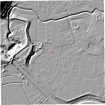 Shaded relief map of the ground around BS217YQ, computed from Environment Agency LiDAR. The ground here sits at about 6 m above sea level and falls 32 m across the surrounding 800 m. Surface water reaching this point runs off ground lying to the south-west, 1.0 m higher.