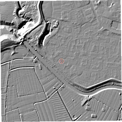 Shaded relief map of the ground around BS217YR, computed from Environment Agency LiDAR. The ground here sits at about 6 m above sea level and falls 13 m across the surrounding 800 m. Surface water reaching this point runs off ground lying to the south-east, 1.4 m higher.