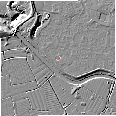 Shaded relief map of the ground around BS217YS, computed from Environment Agency LiDAR. The ground here sits at about 6 m above sea level and falls 13 m across the surrounding 800 m. Surface water reaching this point runs off ground lying to the east-south-east, 1.4 m higher.