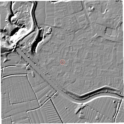 Shaded relief map of the ground around BS217YT, computed from Environment Agency LiDAR. The ground here sits at about 6 m above sea level and falls 13 m across the surrounding 800 m. Surface water reaching this point runs off ground lying to the south-east, 1.4 m higher.