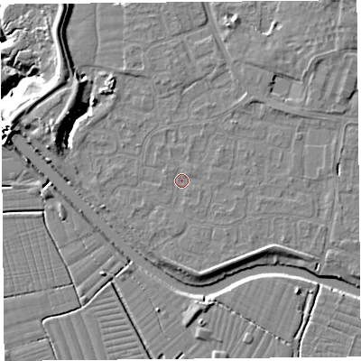 Shaded relief map of the ground around BS217YU, computed from Environment Agency LiDAR. The ground here sits at about 6 m above sea level and falls 11 m across the surrounding 800 m. Surface water reaching this point runs off ground lying to the south-south-east, 1.4 m higher.