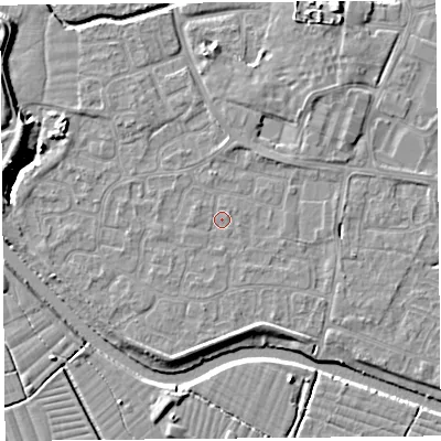 Shaded relief map of the ground around BS217YW, computed from Environment Agency LiDAR. The ground here sits at about 6 m above sea level and falls 7 m across the surrounding 800 m. Surface water reaching this point runs off ground lying to the west-north-west, 0.5 m higher.