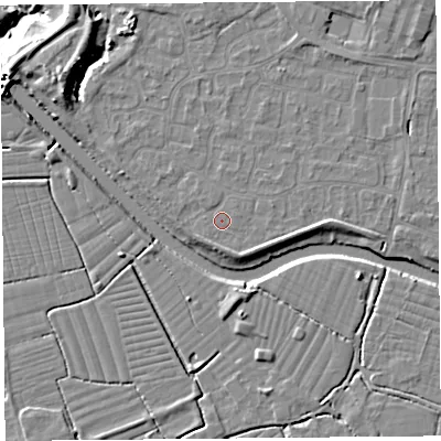 Shaded relief map of the ground around BS217YX, computed from Environment Agency LiDAR. The ground here sits at about 6 m above sea level and falls 11 m across the surrounding 800 m. Surface water reaching this point runs off ground lying to the east-south-east, 1.4 m higher.