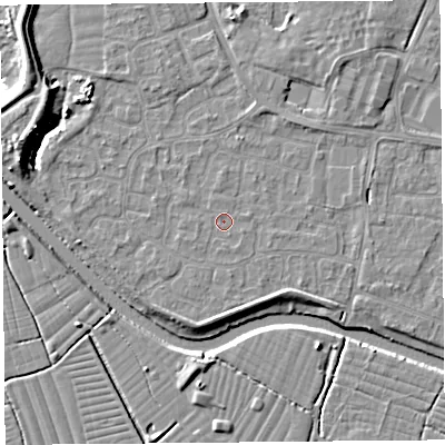 Shaded relief map of the ground around BS217YY, computed from Environment Agency LiDAR. The ground here sits at about 6 m above sea level and falls 8 m across the surrounding 800 m. The ground contributing surface water to this point lies to the east-south-east.