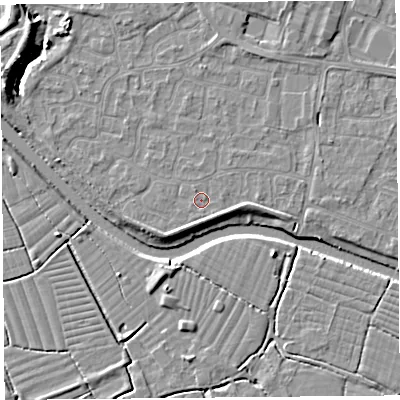 Shaded relief map of the ground around BS217YZ, computed from Environment Agency LiDAR. The ground here sits at about 6 m above sea level and falls 7 m across the surrounding 800 m. Surface water reaching this point runs off ground lying to the south-south-east, 1.1 m higher.