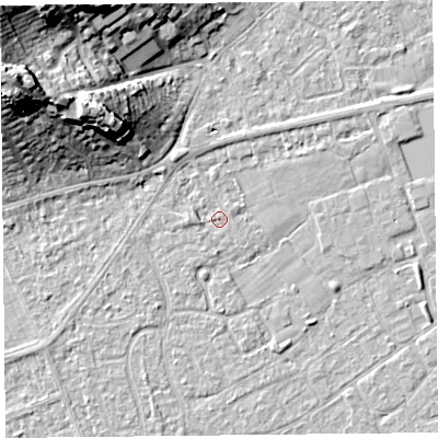 Shaded relief map of the ground around BS226AA, computed from Environment Agency LiDAR. The ground here sits at about 6 m above sea level and falls 21 m across the surrounding 800 m. Surface water reaching this point runs off ground lying to the north-west, 1.7 m higher.