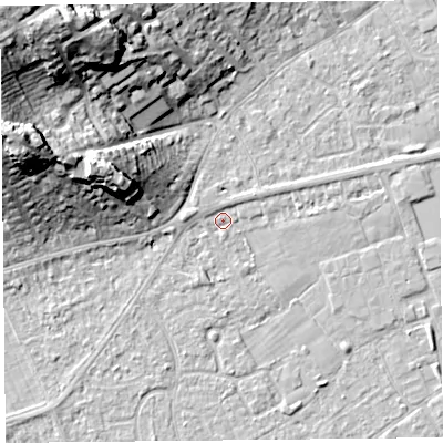 Shaded relief map of the ground around BS226AB, computed from Environment Agency LiDAR. The ground here sits at about 6 m above sea level and falls 25 m across the surrounding 800 m. Surface water reaching this point runs off ground lying to the west-north-west, 1.2 m higher.