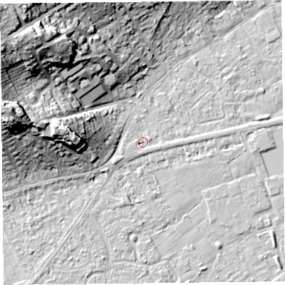 Shaded relief map of the ground around BS226AD, computed from Environment Agency LiDAR. The ground here sits at about 6 m above sea level and falls 27 m across the surrounding 800 m. Surface water reaching this point runs off ground lying to the west-south-west, 1.4 m higher.