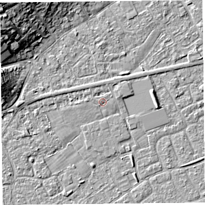 Shaded relief map of the ground around BS226AE, computed from Environment Agency LiDAR. The ground here sits at about 6 m above sea level and falls 12 m across the surrounding 800 m. Surface water reaching this point runs off ground lying to the north-north-west, 1.0 m higher.
