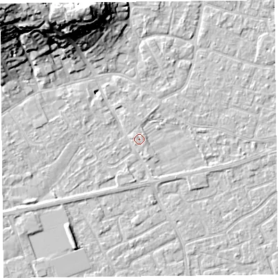 Shaded relief map of the ground around BS226AF, computed from Environment Agency LiDAR. The ground here sits at about 6 m above sea level and falls 23 m across the surrounding 800 m. Surface water reaching this point runs off ground lying to the south-south-east, 1.0 m higher.