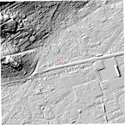 Shaded relief map of the ground around BS226AG, computed from Environment Agency LiDAR. The ground here sits at about 6 m above sea level and falls 24 m across the surrounding 800 m. Surface water reaching this point runs off ground lying to the south-south-west, 0.8 m higher.