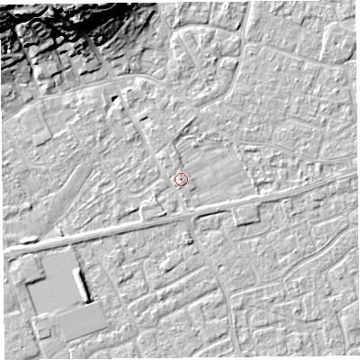 Shaded relief map of the ground around BS226AH, computed from Environment Agency LiDAR. The ground here sits at about 6 m above sea level and falls 20 m across the surrounding 800 m. Surface water reaching this point runs off ground lying to the east-south-east, 1.0 m higher.