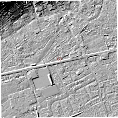 Shaded relief map of the ground around BS226AJ, computed from Environment Agency LiDAR. The ground here sits at about 6 m above sea level and falls 21 m across the surrounding 800 m. Surface water reaching this point runs off ground lying to the east, 1.1 m higher.