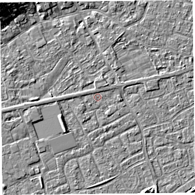 Shaded relief map of the ground around BS226AL, computed from Environment Agency LiDAR. The ground here sits at about 6 m above sea level and falls 9 m across the surrounding 800 m. The ground contributing surface water to this point lies to the south-west.
