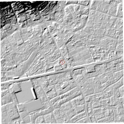 Shaded relief map of the ground around BS226AN, computed from Environment Agency LiDAR. The ground here sits at about 6 m above sea level and falls 18 m across the surrounding 800 m. Surface water reaching this point runs off ground lying to the south, 1.3 m higher.