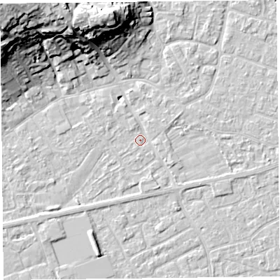 Shaded relief map of the ground around BS226AP, computed from Environment Agency LiDAR. The ground here sits at about 6 m above sea level and falls 26 m across the surrounding 800 m. Surface water reaching this point runs off ground lying to the south-south-east, 1.4 m higher.