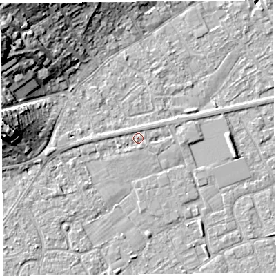 Shaded relief map of the ground around BS226AQ, computed from Environment Agency LiDAR. The ground here sits at about 6 m above sea level and falls 21 m across the surrounding 800 m. Surface water reaching this point runs off ground lying to the north-east, 0.7 m higher.