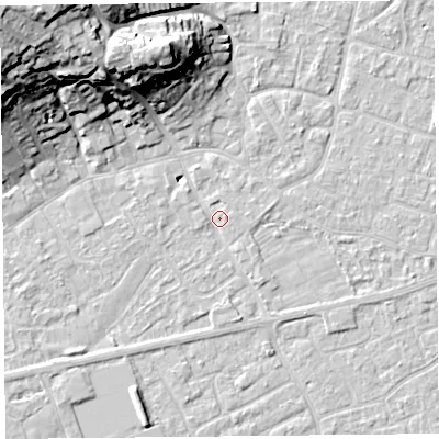 Shaded relief map of the ground around BS226AR, computed from Environment Agency LiDAR. The ground here sits at about 6 m above sea level and falls 27 m across the surrounding 800 m. Surface water reaching this point runs off ground lying to the south-south-east, 1.4 m higher.