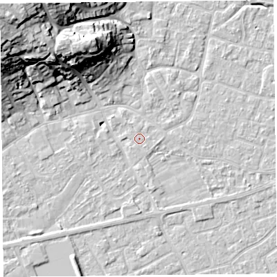 Shaded relief map of the ground around BS226AS, computed from Environment Agency LiDAR. The ground here sits at about 6 m above sea level and falls 26 m across the surrounding 800 m. Surface water reaching this point runs off ground lying to the east-south-east, 0.5 m higher.
