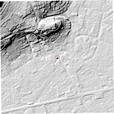 Shaded relief map of the ground around BS226AU, computed from Environment Agency LiDAR. The ground here sits at about 6 m above sea level and falls 39 m across the surrounding 800 m. Surface water reaching this point runs off ground lying to the south-south-east, 3.4 m higher.