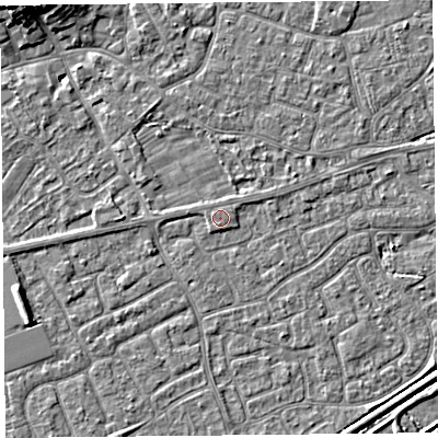 Shaded relief map of the ground around BS226AX, computed from Environment Agency LiDAR. The ground here sits at about 6 m above sea level and falls 9 m across the surrounding 800 m. The ground contributing surface water to this point lies to the south-south-west.