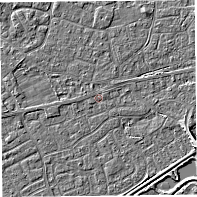 Shaded relief map of the ground around BS226AY, computed from Environment Agency LiDAR. The ground here sits at about 6 m above sea level and falls 7 m across the surrounding 800 m. Surface water reaching this point runs off ground lying to the west-south-west, 0.8 m higher.