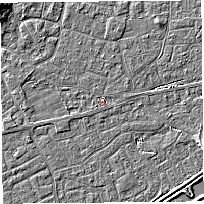 Shaded relief map of the ground around BS226AZ, computed from Environment Agency LiDAR. The ground here sits at about 6 m above sea level and falls 6 m across the surrounding 800 m. Surface water reaching this point runs off ground lying to the west-north-west, 1.2 m higher.