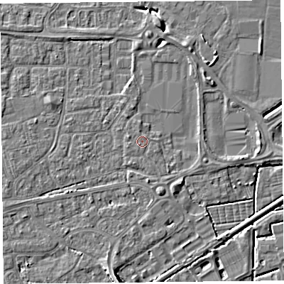 Shaded relief map of the ground around BS226BA, computed from Environment Agency LiDAR. The ground here sits at about 6 m above sea level and falls 7 m across the surrounding 800 m. Surface water reaching this point runs off ground lying to the north-east, 1.0 m higher.