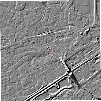 Shaded relief map of the ground around BS226BD, computed from Environment Agency LiDAR. The ground here sits at about 5 m above sea level and falls 9 m across the surrounding 800 m. Surface water reaching this point runs off ground lying to the south-east, 6.5 m higher.
