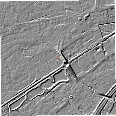 Shaded relief map of the ground around BS226BE, computed from Environment Agency LiDAR. The ground here sits at about 5 m above sea level and falls 9 m across the surrounding 800 m. Surface water reaching this point runs off ground lying to the east-south-east, 6.4 m higher.