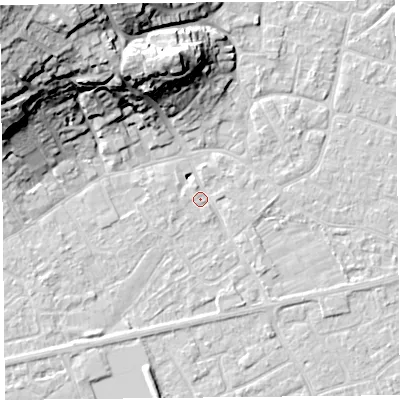 Shaded relief map of the ground around BS226BF, computed from Environment Agency LiDAR. The ground here sits at about 6 m above sea level and falls 31 m across the surrounding 800 m. Surface water reaching this point runs off ground lying to the south-south-east, 1.4 m higher.