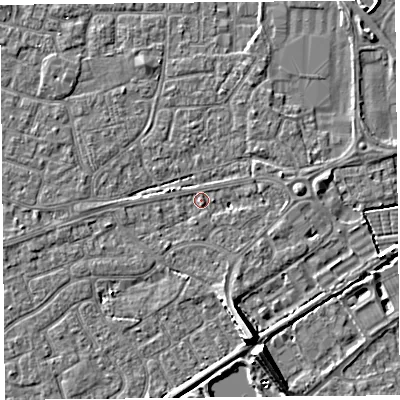 Shaded relief map of the ground around BS226BG, computed from Environment Agency LiDAR. The ground here sits at about 6 m above sea level and falls 9 m across the surrounding 800 m. Surface water reaching this point runs off ground lying to the east, 1.6 m higher.