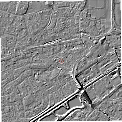 Shaded relief map of the ground around BS226BH, computed from Environment Agency LiDAR. The ground here sits at about 6 m above sea level and falls 9 m across the surrounding 800 m. Surface water reaching this point runs off ground lying to the south-east, 5.8 m higher.