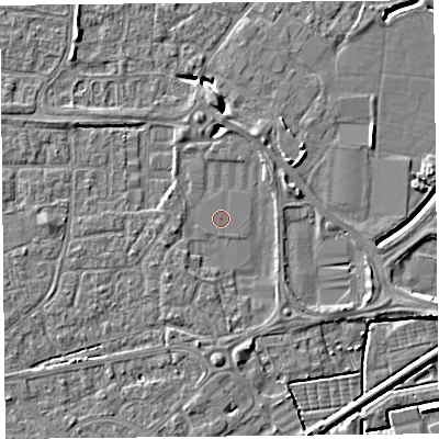 Shaded relief map of the ground around BS226BL, computed from Environment Agency LiDAR. The ground here sits at about 6 m above sea level and falls 7 m across the surrounding 800 m. Surface water reaching this point runs off ground lying to the north-east, 1.4 m higher.