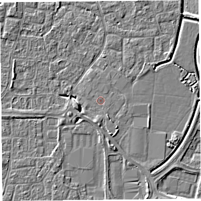 Shaded relief map of the ground around BS226BP, computed from Environment Agency LiDAR. The ground here sits at about 6 m above sea level and falls 6 m across the surrounding 800 m. Surface water reaching this point runs off ground lying to the south, 1.1 m higher.
