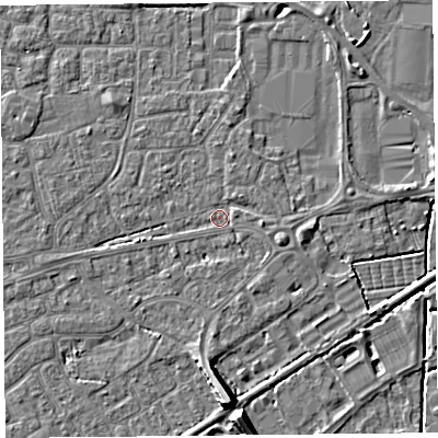 Shaded relief map of the ground around BS226BQ, computed from Environment Agency LiDAR. The ground here sits at about 6 m above sea level and falls 8 m across the surrounding 800 m. Surface water reaching this point runs off ground lying to the east, 1.4 m higher.