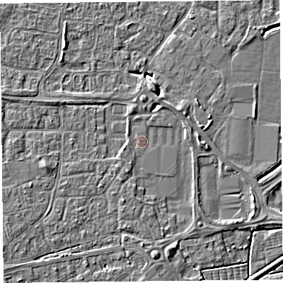 Shaded relief map of the ground around BS226BT, computed from Environment Agency LiDAR. The ground here sits at about 6 m above sea level and falls 6 m across the surrounding 800 m. Surface water reaching this point runs off ground lying to the east-north-east, 1.4 m higher.