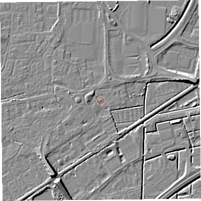 Shaded relief map of the ground around BS226BW, computed from Environment Agency LiDAR. The ground here sits at about 6 m above sea level and falls 9 m across the surrounding 800 m. Surface water reaching this point runs off ground lying to the west, 1.7 m higher.