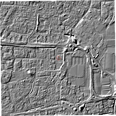 Shaded relief map of the ground around BS226BX, computed from Environment Agency LiDAR. The ground here sits at about 6 m above sea level and falls 6 m across the surrounding 800 m. Surface water reaching this point runs off ground lying to the east-north-east, 3.7 m higher.