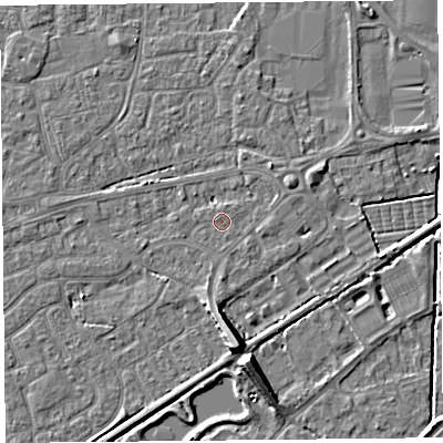 Shaded relief map of the ground around BS226BZ, computed from Environment Agency LiDAR. The ground here sits at about 6 m above sea level and falls 9 m across the surrounding 800 m. Surface water reaching this point runs off ground lying to the north-north-east, 0.5 m higher.