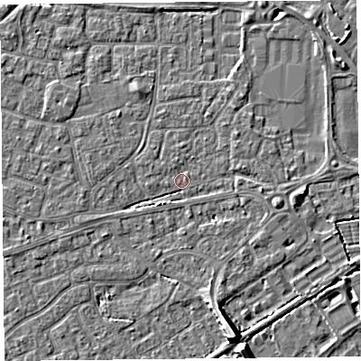 Shaded relief map of the ground around BS226DA, computed from Environment Agency LiDAR. The ground here sits at about 6 m above sea level and falls 8 m across the surrounding 800 m. Surface water reaching this point runs off ground lying to the north-east, 1.2 m higher.