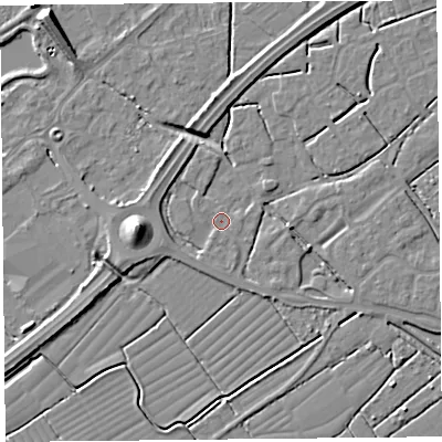 Shaded relief map of the ground around BS226DB, computed from Environment Agency LiDAR. The ground here sits at about 6 m above sea level and falls 9 m across the surrounding 800 m. Surface water reaching this point runs off ground lying to the south-west, 1.9 m higher.