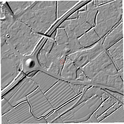 Shaded relief map of the ground around BS226DD, computed from Environment Agency LiDAR. The ground here sits at about 6 m above sea level and falls 9 m across the surrounding 800 m. Surface water reaching this point runs off ground lying to the west-south-west, 3.1 m higher.