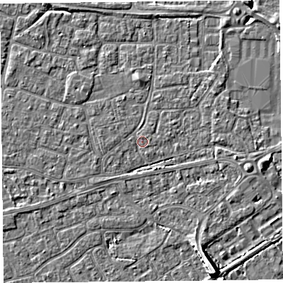 Shaded relief map of the ground around BS226DE, computed from Environment Agency LiDAR. The ground here sits at about 6 m above sea level and falls 8 m across the surrounding 800 m. Surface water reaching this point runs off ground lying to the east, 2.2 m higher.