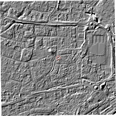 Shaded relief map of the ground around BS226DF, computed from Environment Agency LiDAR. The ground here sits at about 6 m above sea level and falls 6 m across the surrounding 800 m. Surface water reaching this point runs off ground lying to the north-east, 3.7 m higher.