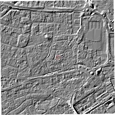 Shaded relief map of the ground around BS226DG, computed from Environment Agency LiDAR. The ground here sits at about 6 m above sea level and falls 8 m across the surrounding 800 m. The ground contributing surface water to this point lies to the south-west.