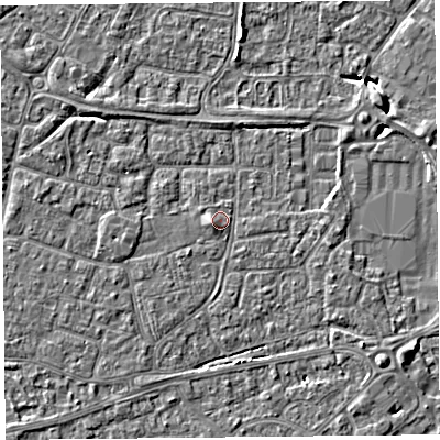 Shaded relief map of the ground around BS226DH, computed from Environment Agency LiDAR. The ground here sits at about 6 m above sea level and falls 5 m across the surrounding 800 m. Surface water reaching this point runs off ground lying to the west-south-west, 1.3 m higher.